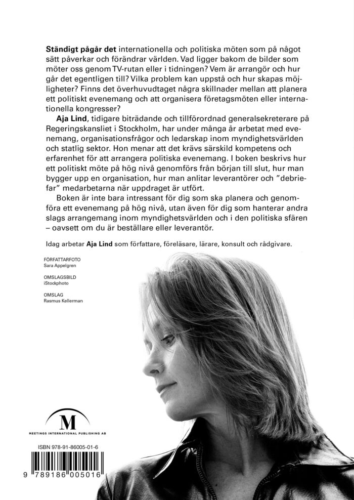 Aja Lind: Politiska Möten – under kristallkronor och bakom tonade rutor (Meetings International Publishing), baksida
